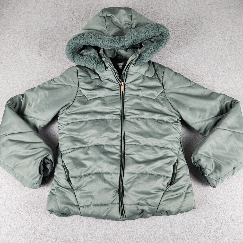 Tahari Puffer Jacket Girls 12 Green Quilted Sherpa Lined Hooded Full Zipper